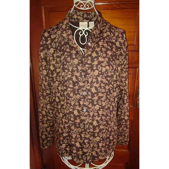 5/$25 Sz L Button Up Blouse Top L/S Floral Gold Brown Boho Cottage - Picture 4 of 5